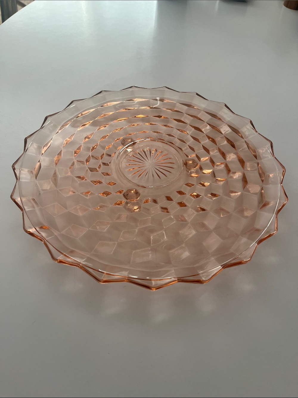 Pink Depression Glass Footed Cake Plate, 12”, cube or cubist